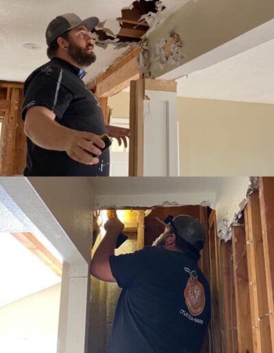 Two images of a bearded man in a baseball cap and black shirt using a flashlight and tools while inspecting a ceiling with exposed beams and drywall in a partially renovated room.