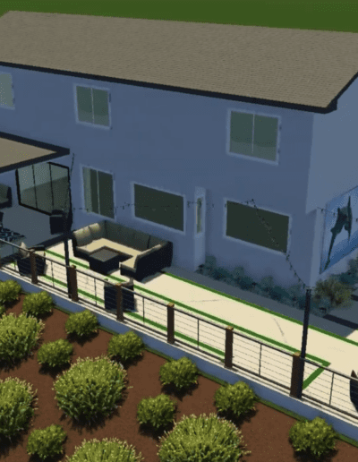 A 3D-rendered image of a modern two-story house with a backyard featuring a patio area, outdoor seating, a garden with shrubs, and string lights.