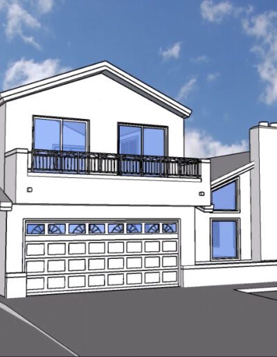 A two-story house with a garage, large windows, and a balcony, depicted in a computer-generated architectural rendering. The sky is partly cloudy.